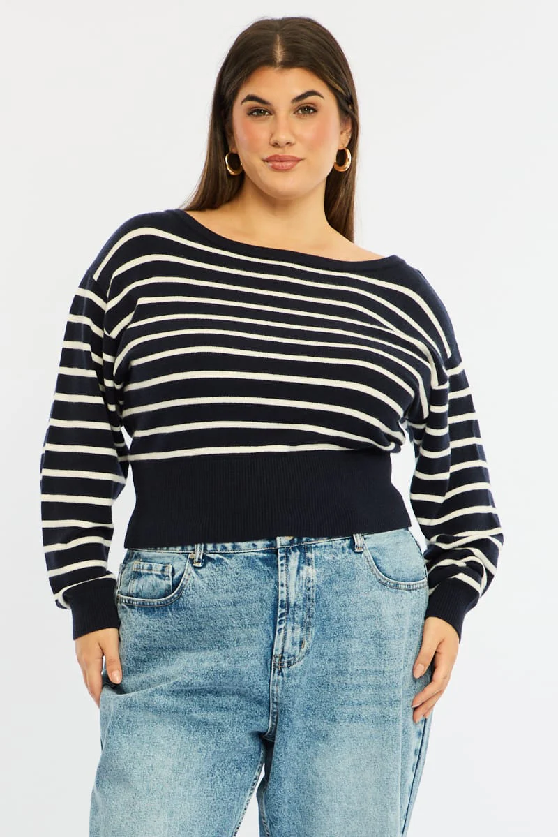 Blue Stripe Stripe Knit Top Off Shoulder Long Sleeve - Image 2