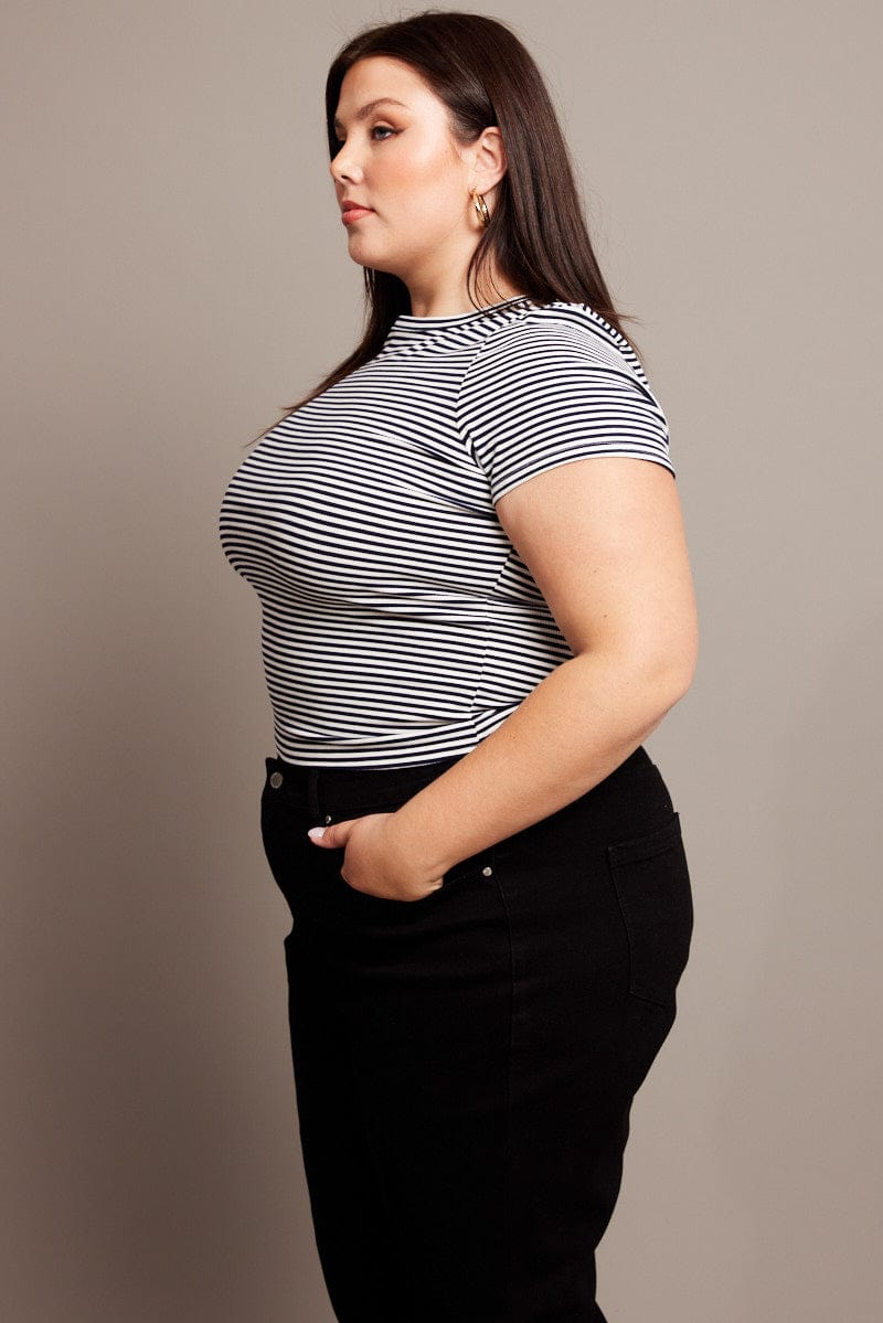 Blue Stripe T-shirt Short Sleeve Round Neck - Image 4