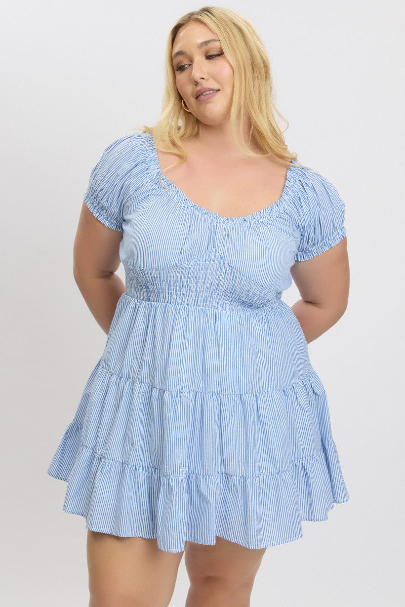 Blue Stripe V Neck Shirred Waist Minidress - Image 2