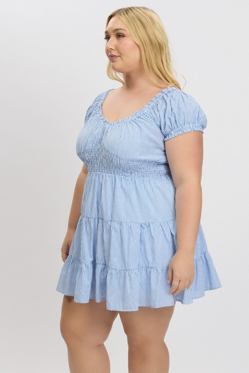 Blue Stripe V Neck Shirred Waist Minidress - Image 4