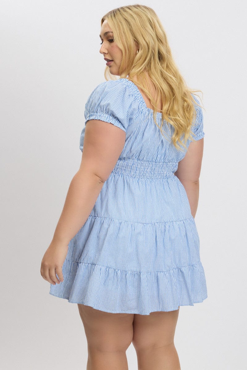 Blue Stripe V Neck Shirred Waist Minidress - Image 5
