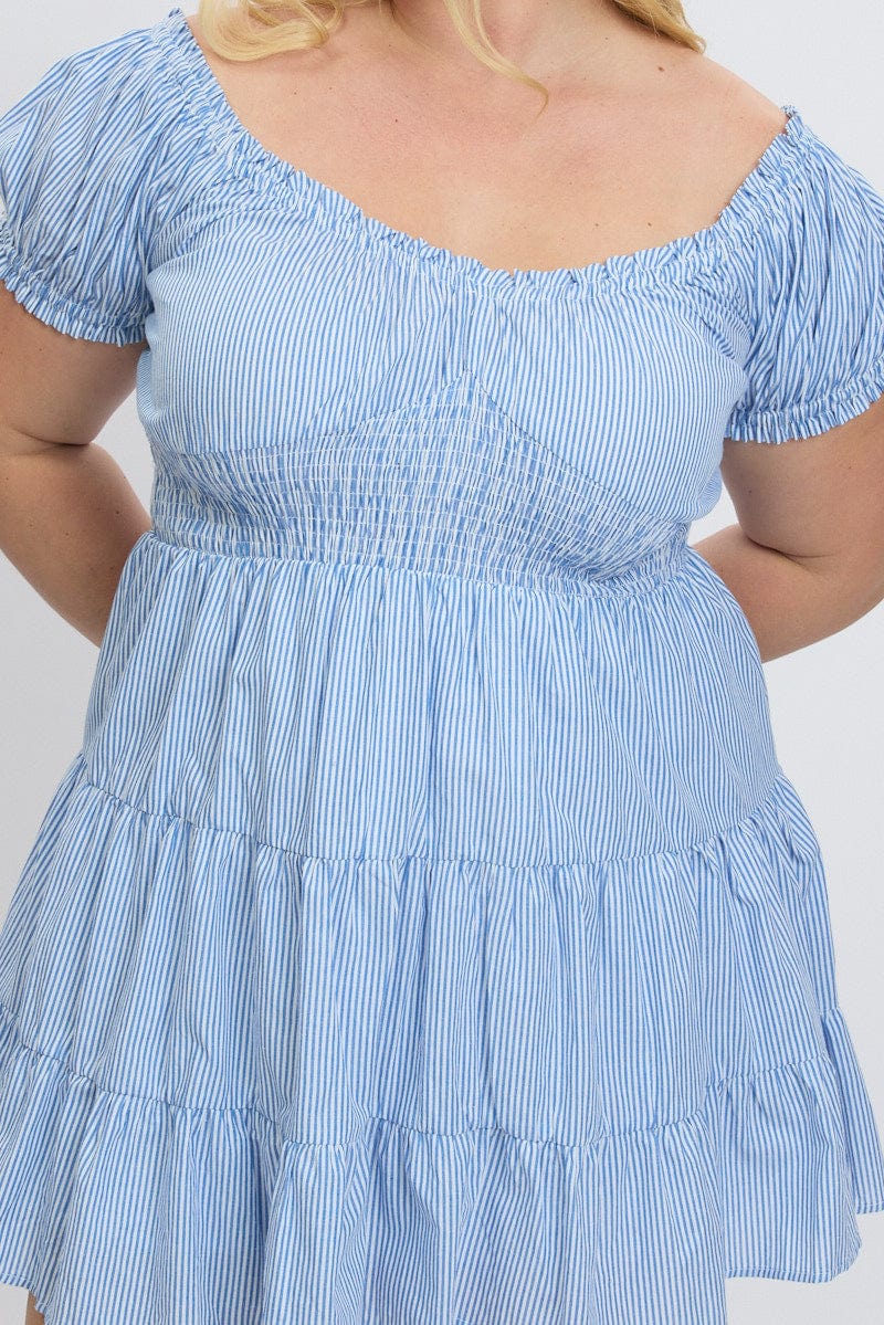 Blue Stripe V Neck Shirred Waist Minidress - Image 6