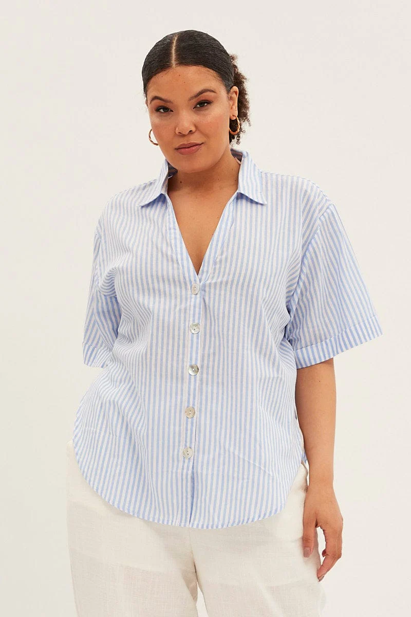 Blue Stripe White Shirt With Shell Button - Image 3