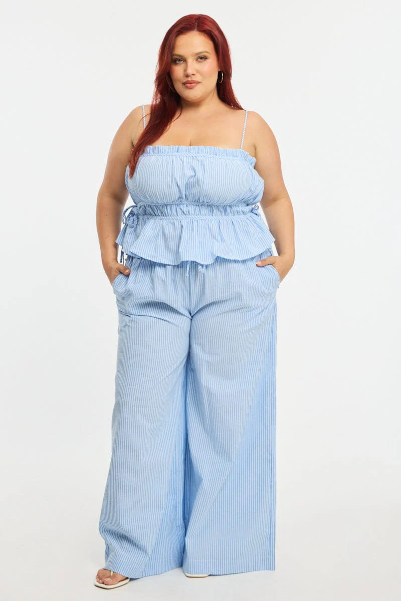 Blue Stripe Wide Leg Pants Elastic Waist - Image 2