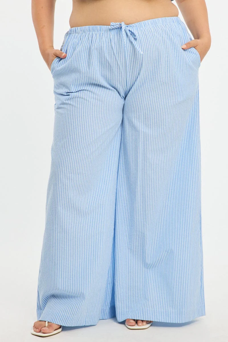 Blue Stripe Wide Leg Pants Elastic Waist - Image 3