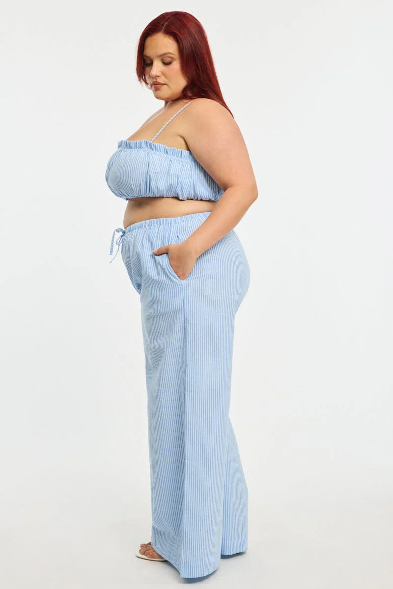 Blue Stripe Wide Leg Pants Elastic Waist - Image 4