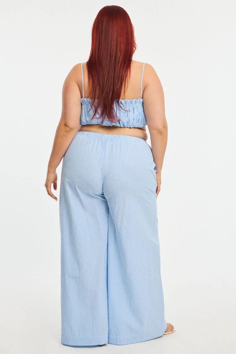 Blue Stripe Wide Leg Pants Elastic Waist - Image 5