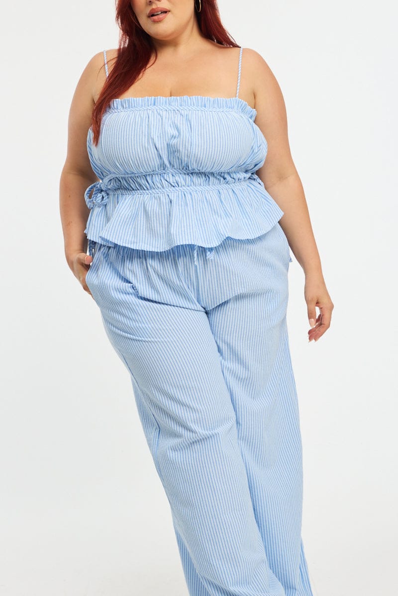 Blue Stripe Wide Leg Pants Elastic Waist - Image 6