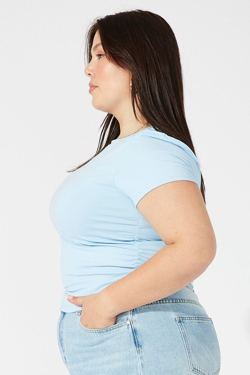 Blue Supersoft Top Short Sleeve Crew Neck Side Ruched - Image 4