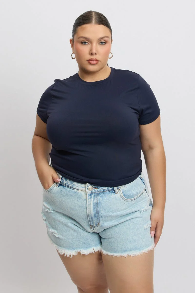 Blue T-Shirt Short Sleeve Crop Top