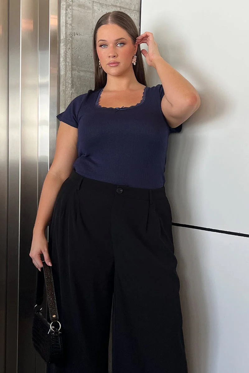 Blue T-shirt Short Sleeve Scoop Neck Lace Trim