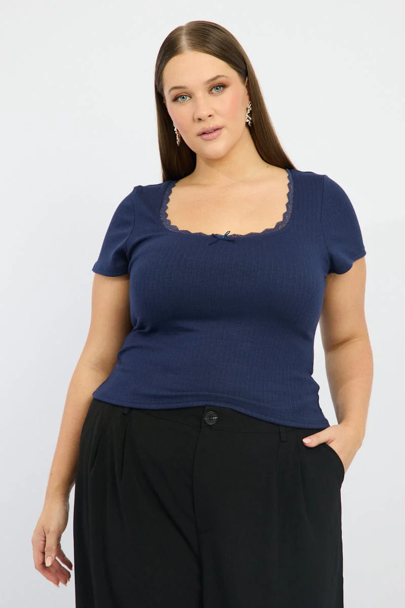 Blue T-shirt Short Sleeve Scoop Neck Lace Trim - Image 2