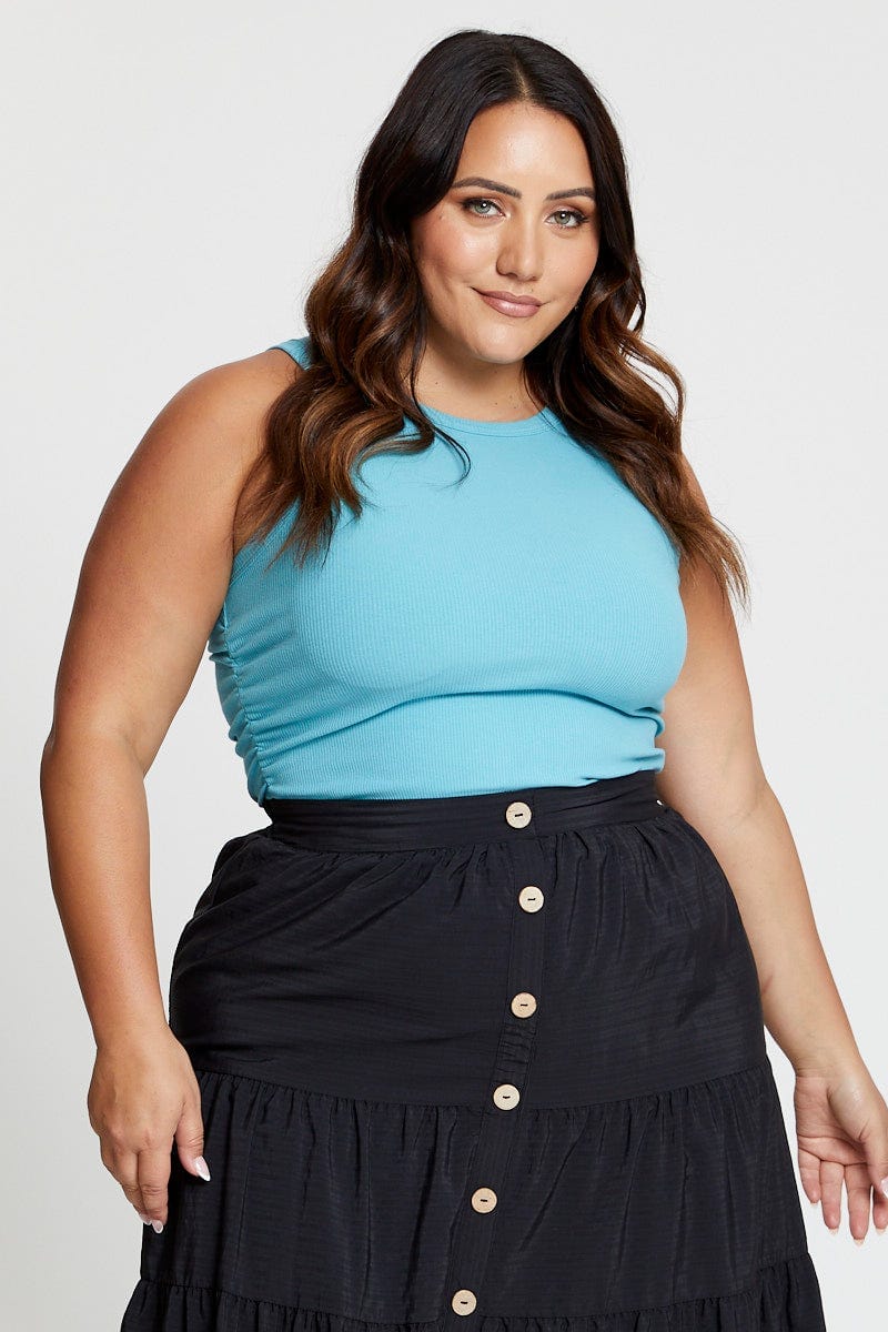 Blue Tank Top Crew Neck Sleeveless Ruched Side - Image 3