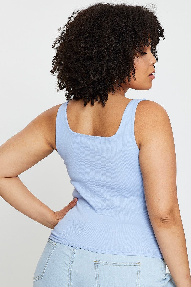 Blue Tank Top Square Neck Sleeveless Cotton - Image 5