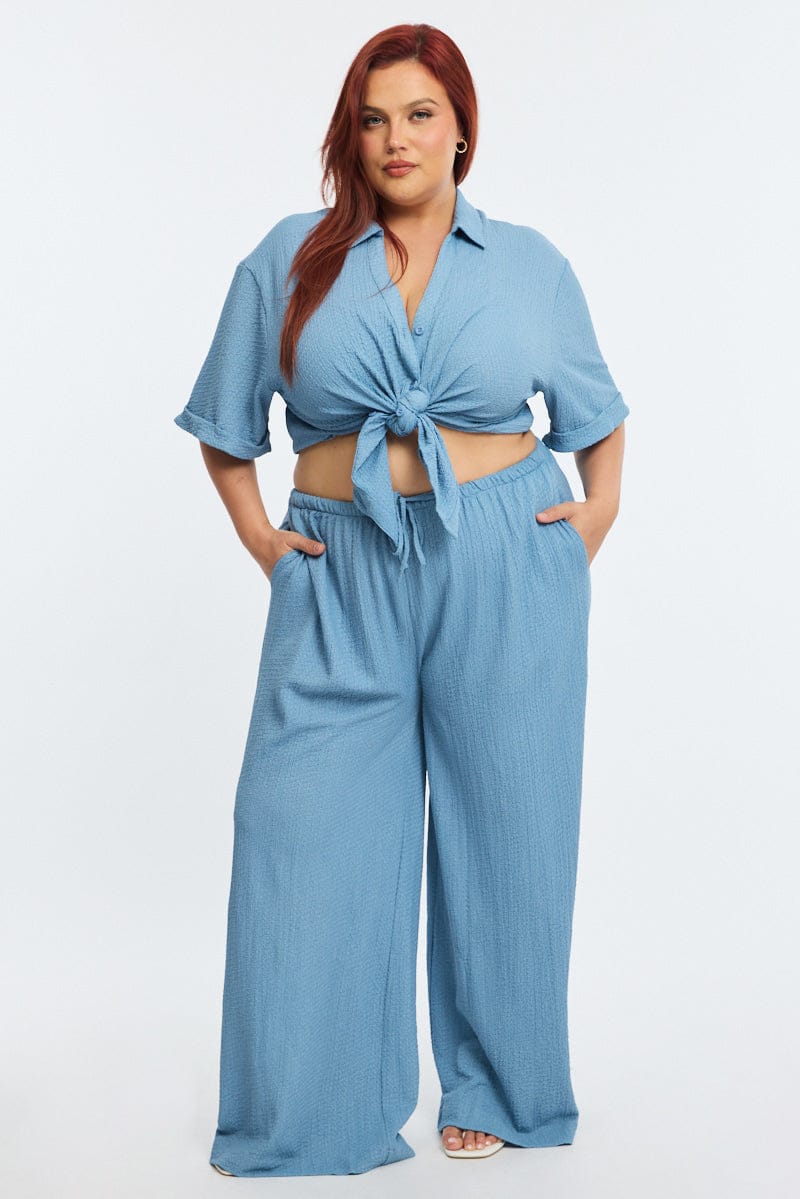 Blue Textured Pants Elastic Waist - Image 3