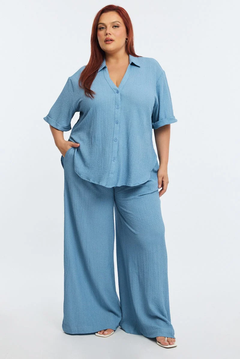 Blue Textured Pants Elastic Waist - Image 4