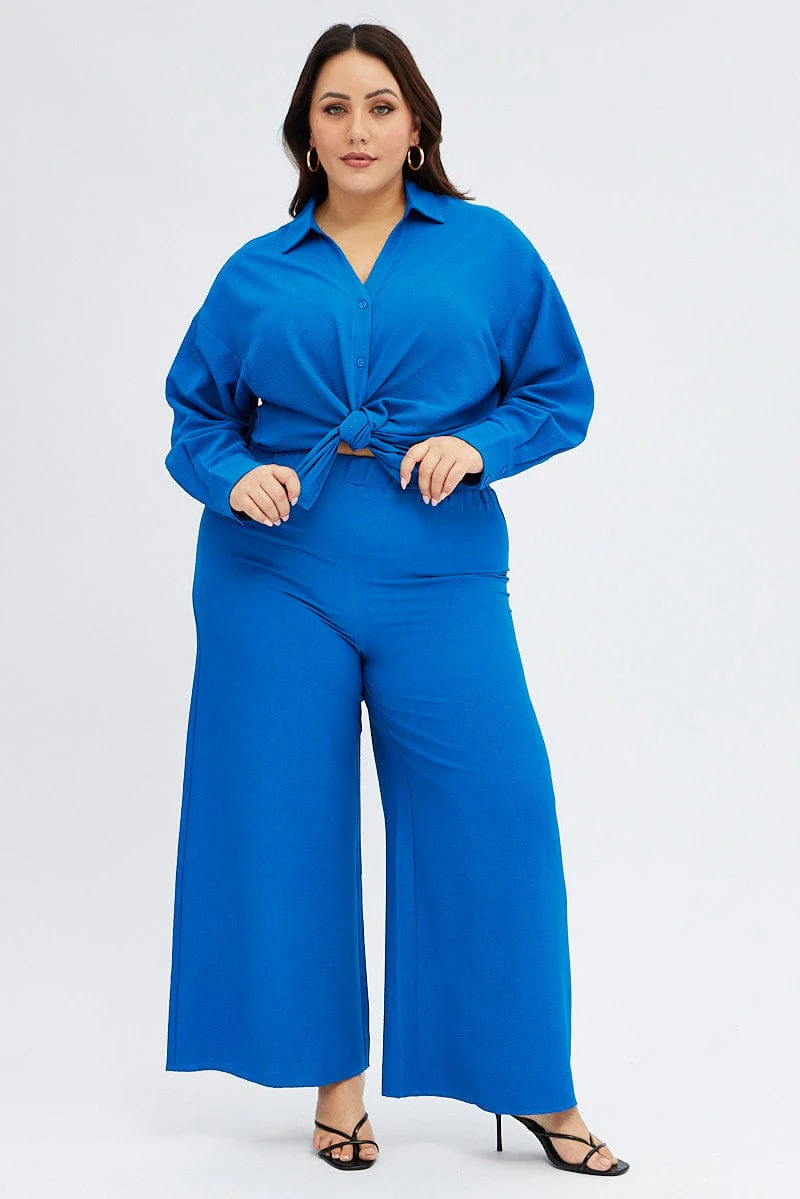 Blue Textured Shirt Crinkle Button Through Oversized - Image 2