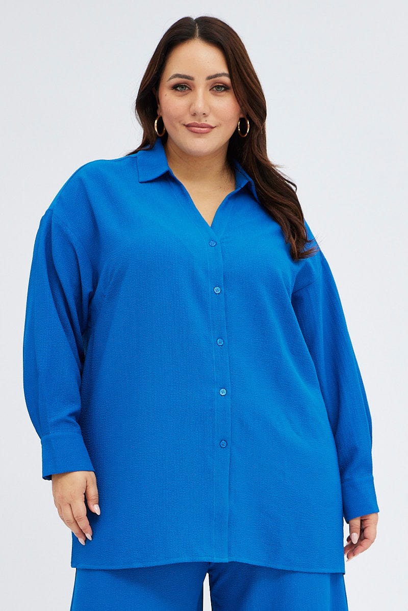 Blue Textured Shirt Crinkle Button Through Oversized - Image 3