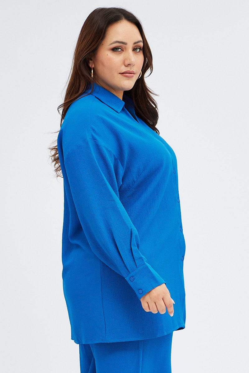 Blue Textured Shirt Crinkle Button Through Oversized - Image 4