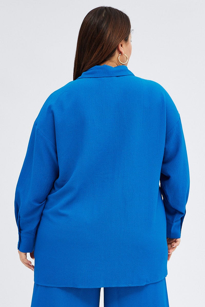 Blue Textured Shirt Crinkle Button Through Oversized - Image 5