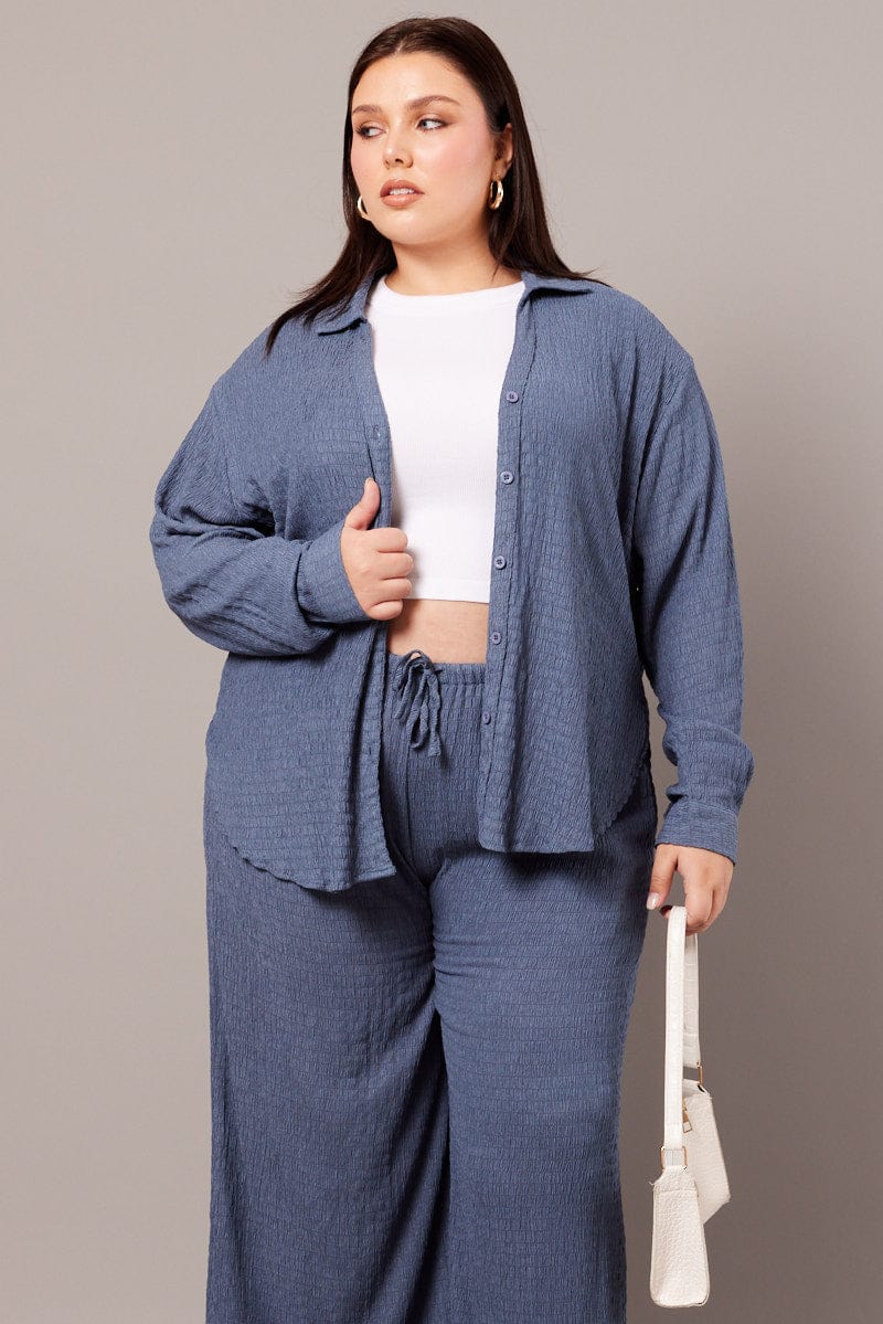 Blue Textured Shirt Long Sleeve - Image 3