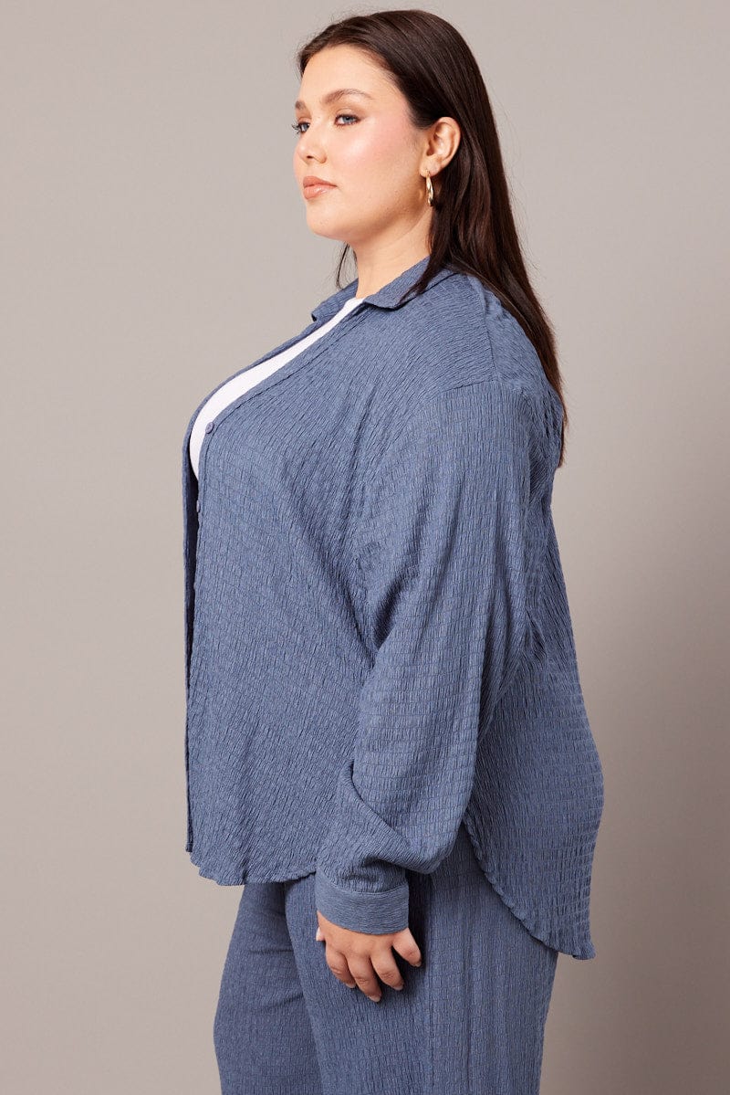 Blue Textured Shirt Long Sleeve - Image 4