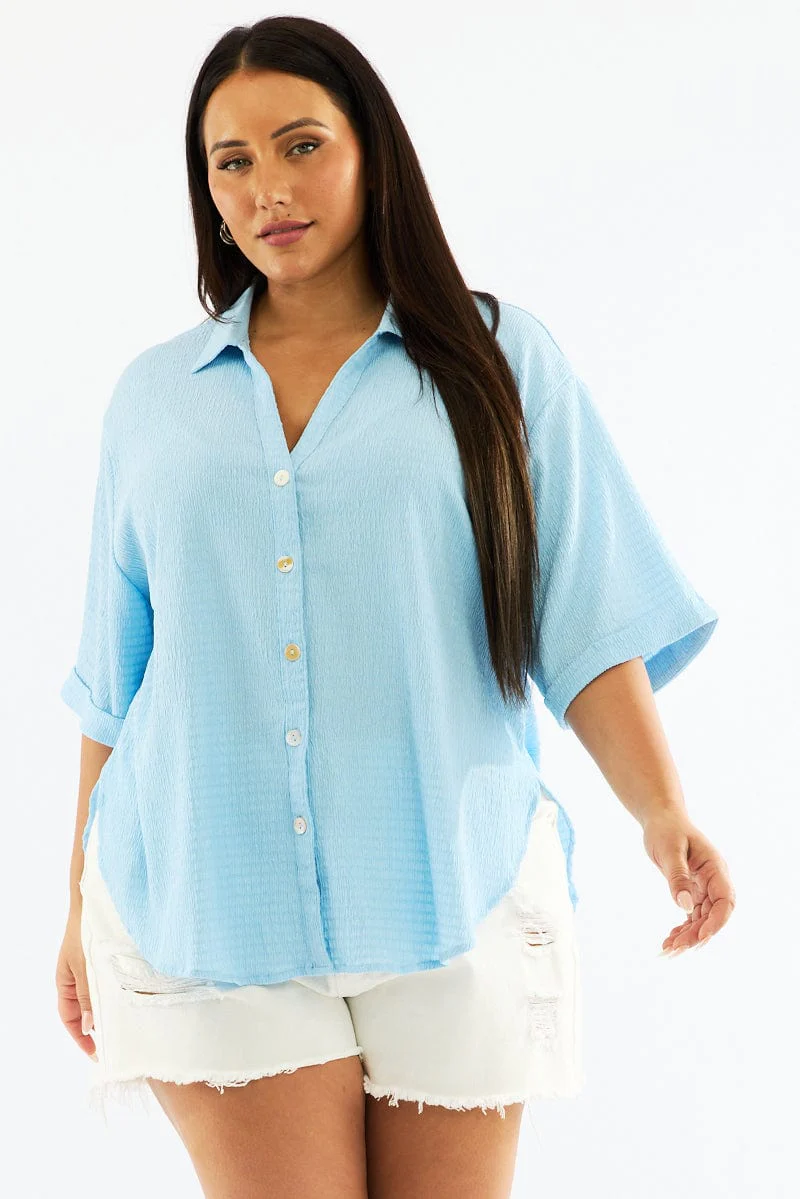 Blue Textured Shirt Short Sleeve