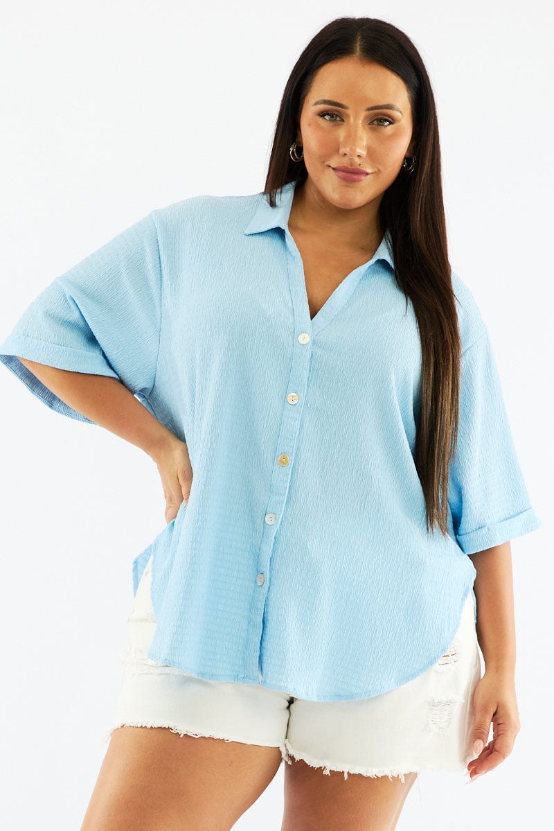 Blue Textured Shirt Short Sleeve - Image 3