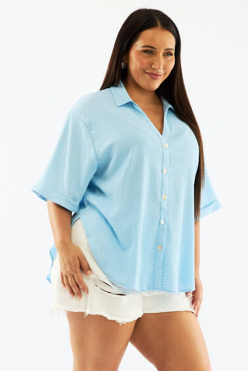 Blue Textured Shirt Short Sleeve - Image 4