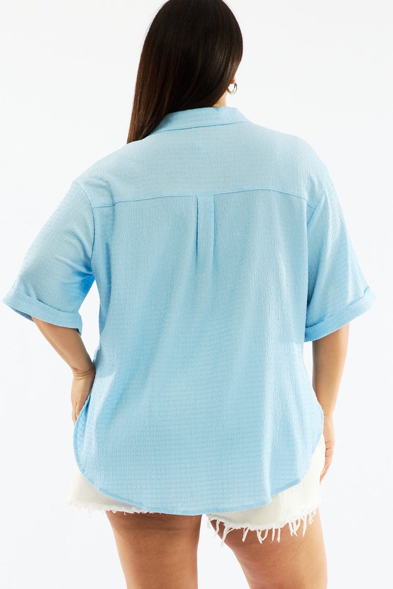 Blue Textured Shirt Short Sleeve - Image 5