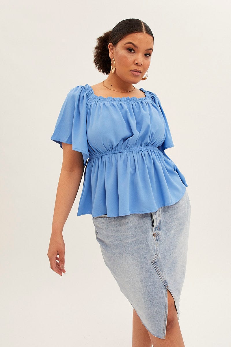 Blue Textured Top Off Shoulder Crepe Jersey