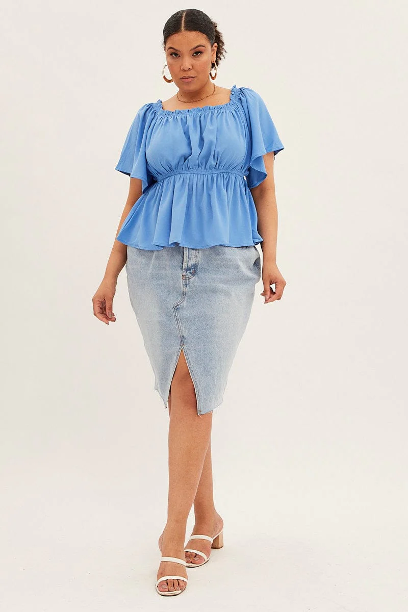 Blue Textured Top Off Shoulder Crepe Jersey - Image 2