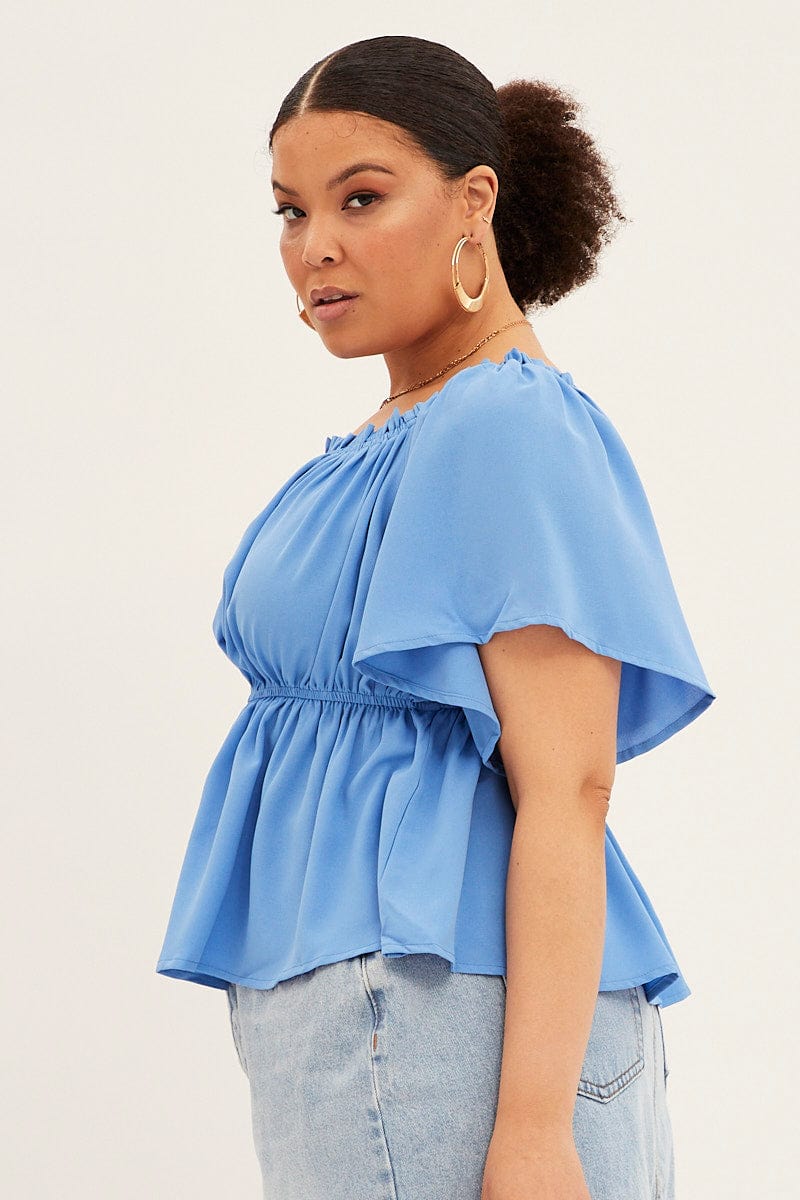 Blue Textured Top Off Shoulder Crepe Jersey - Image 4