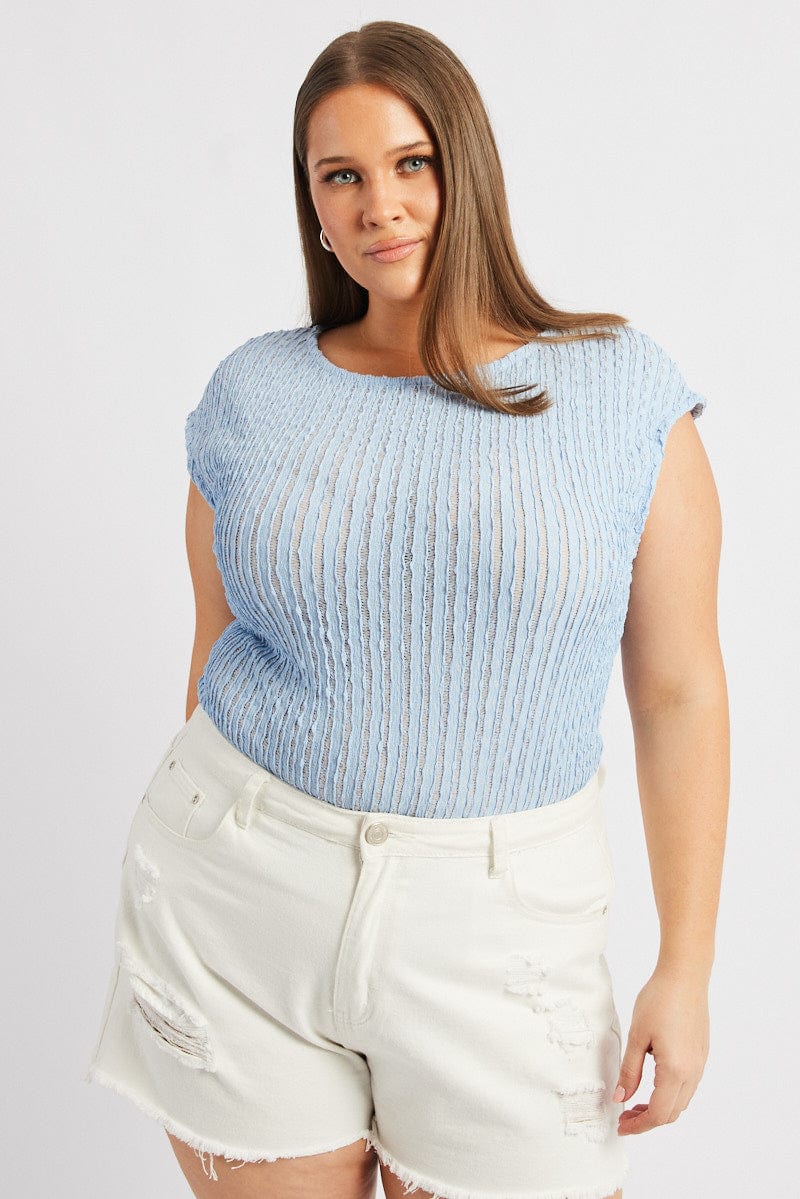 Blue Textured Top Short Sleeve - Image 3