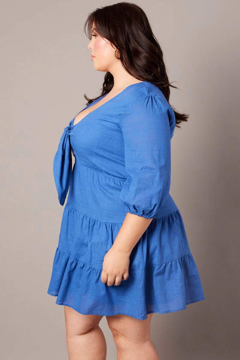 Blue Tie Front Texture Minidress - Image 4