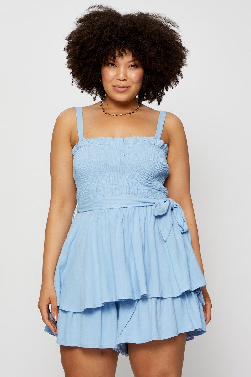 Blue Tie Playsuit Square Neck Sleeveless