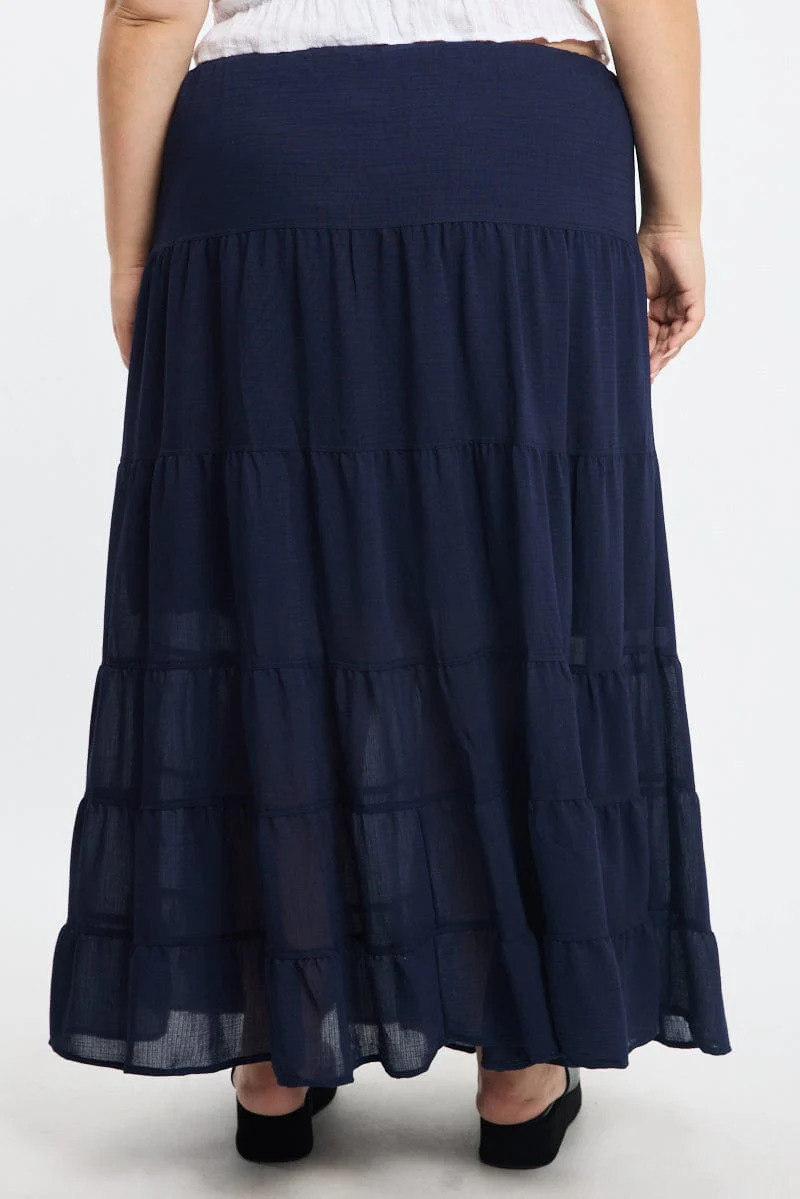 Blue Tiered Skirt Elasticated Waist Textured - Image 4