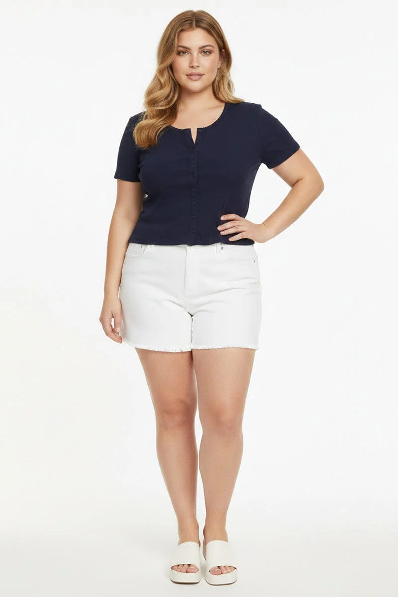 Blue Top Short Sleeve Button Front Rib