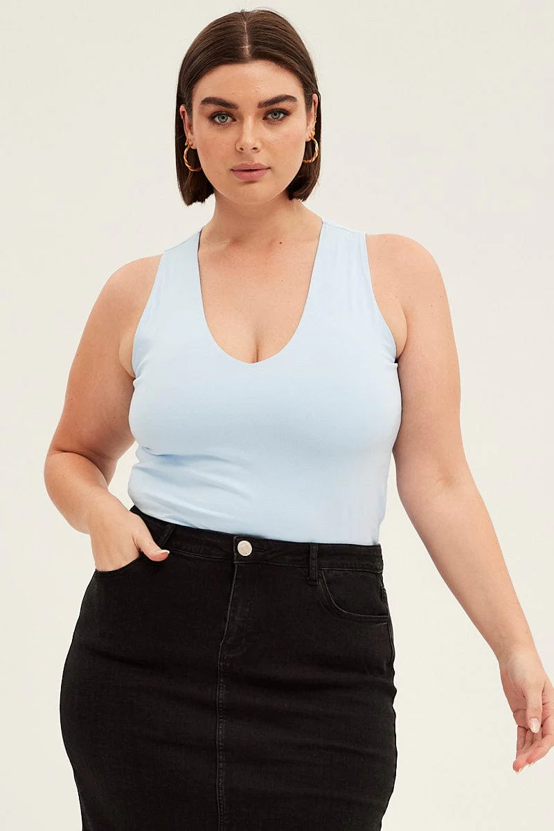 Blue V-neck Sleeveless Cotton Tank Top - Image 3