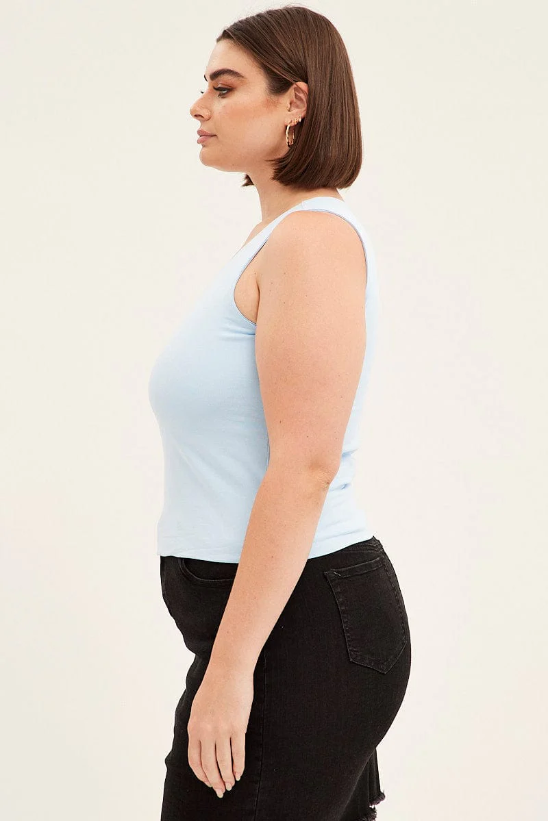 Blue V-neck Sleeveless Cotton Tank Top - Image 4
