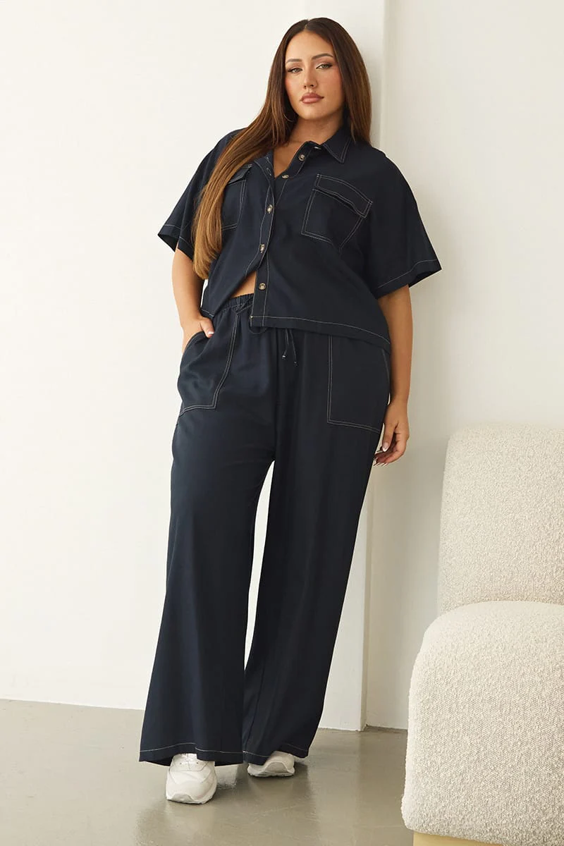 Blue Wide Leg Pants Contrast Stitch