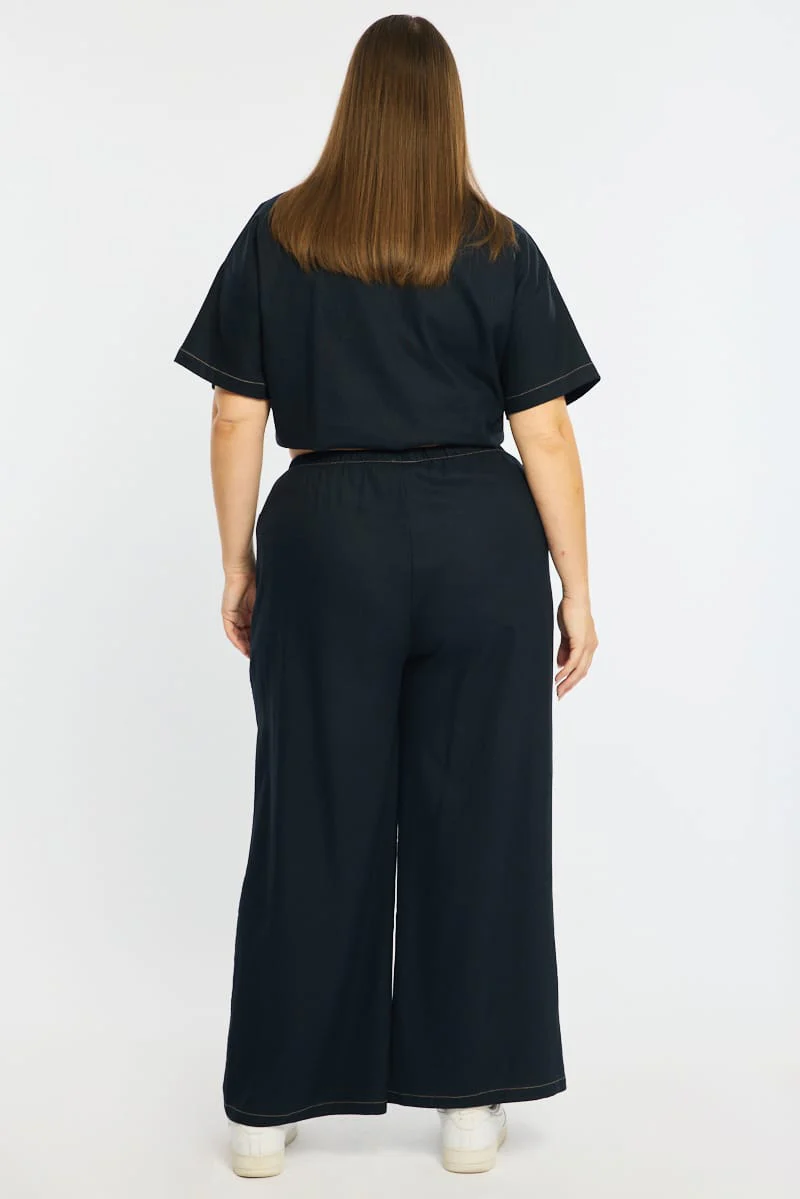 Blue Wide Leg Pants Contrast Stitch - Image 6
