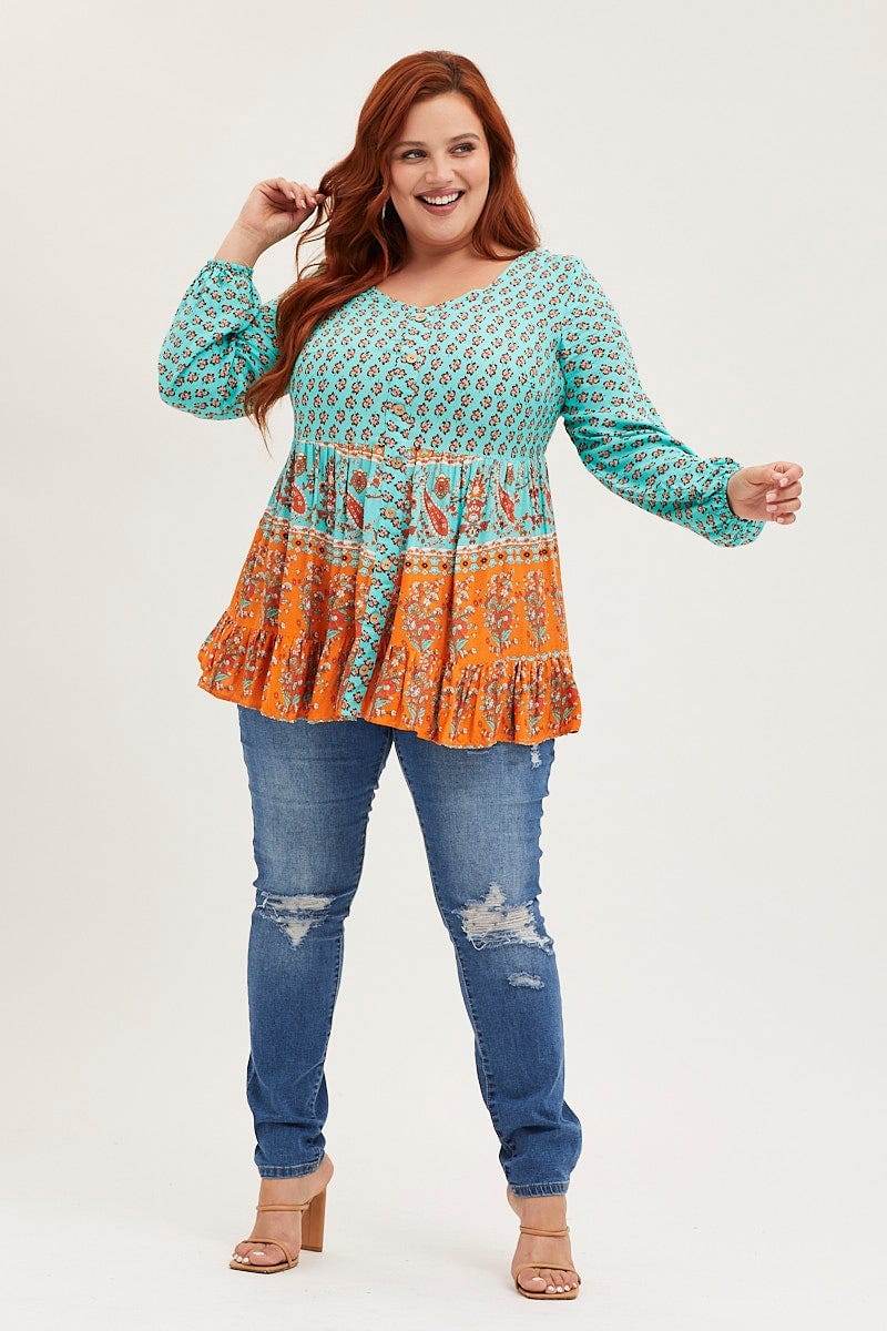 Boder Print Smock Top Long Sleeve Tie - Image 2