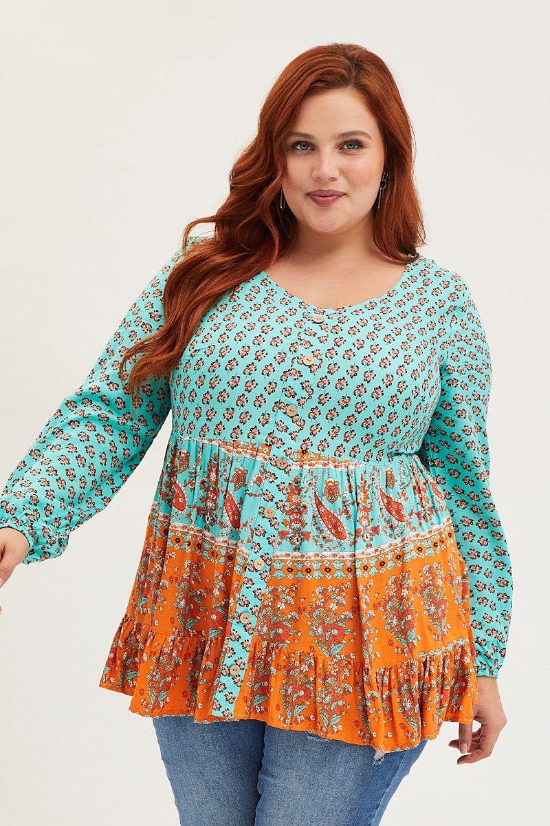 Boder Print Smock Top Long Sleeve Tie - Image 3
