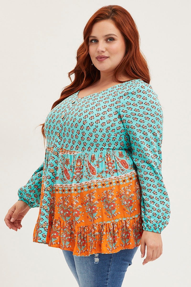 Boder Print Smock Top Long Sleeve Tie - Image 4