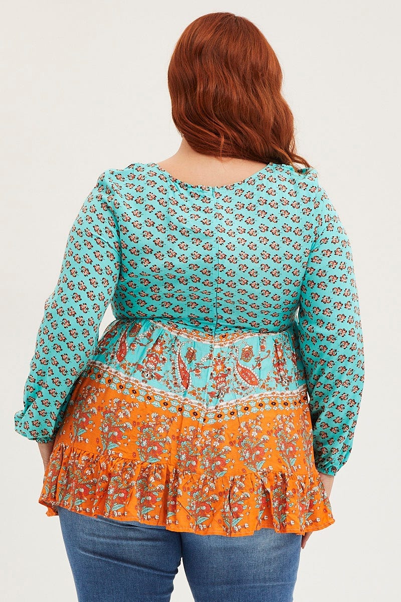 Boder Print Smock Top Long Sleeve Tie - Image 5