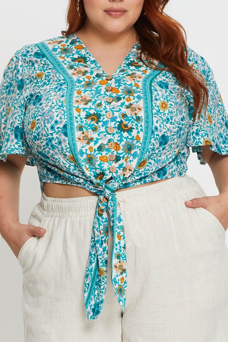 Boho Print Crop Top Short Sleeve Tie Front - Image 5