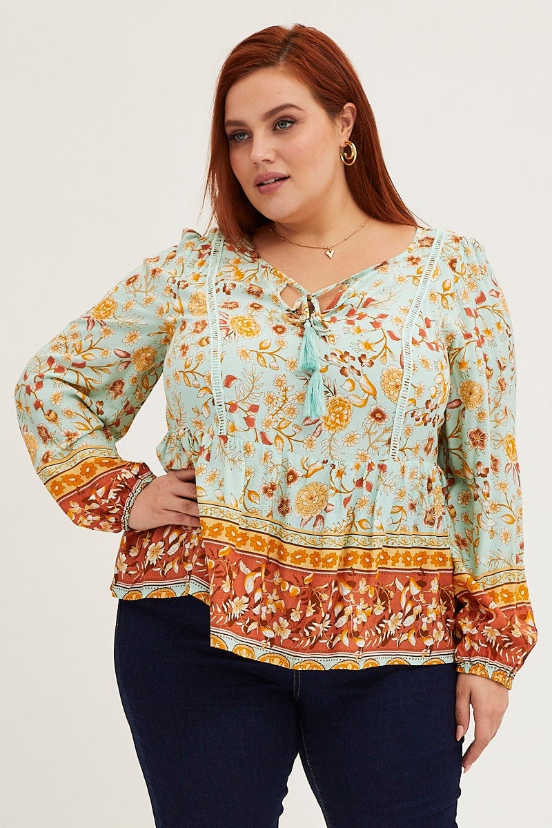Boho Print Lace Trim Peasant Top Long Sleeve - Image 3