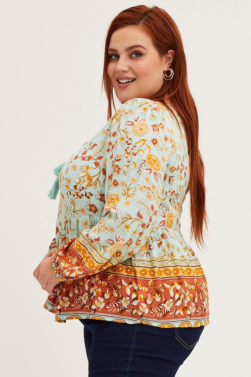 Boho Print Lace Trim Peasant Top Long Sleeve - Image 4