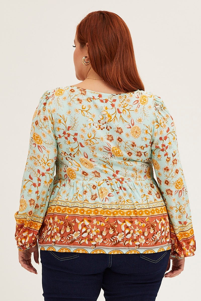 Boho Print Lace Trim Peasant Top Long Sleeve - Image 5